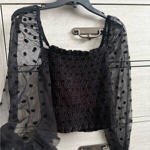 Forever 21 Black Smocked Top with Sheer Polka Dot Sleeves